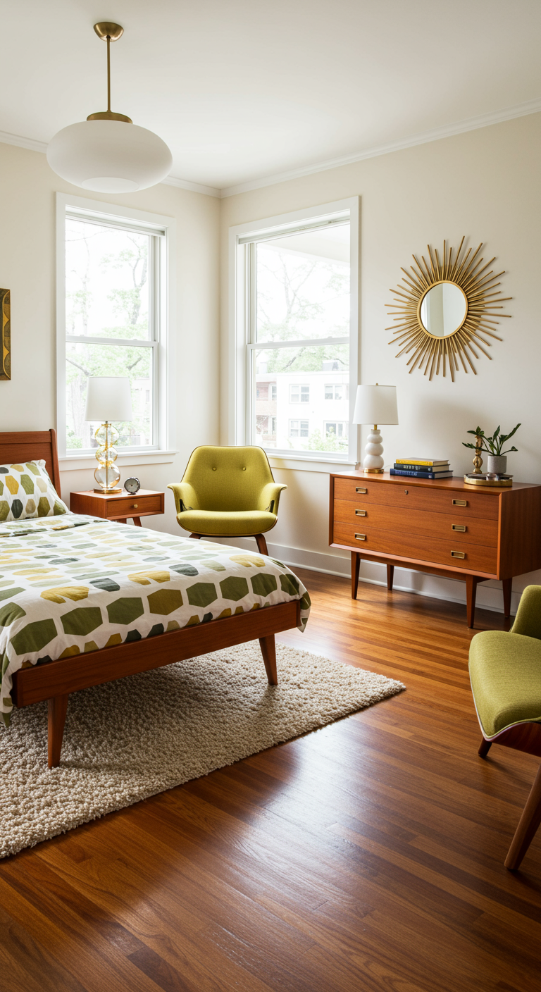 Mid-century modern slaapkamer met houten meubels, sunburst spiegel en groene accenten.