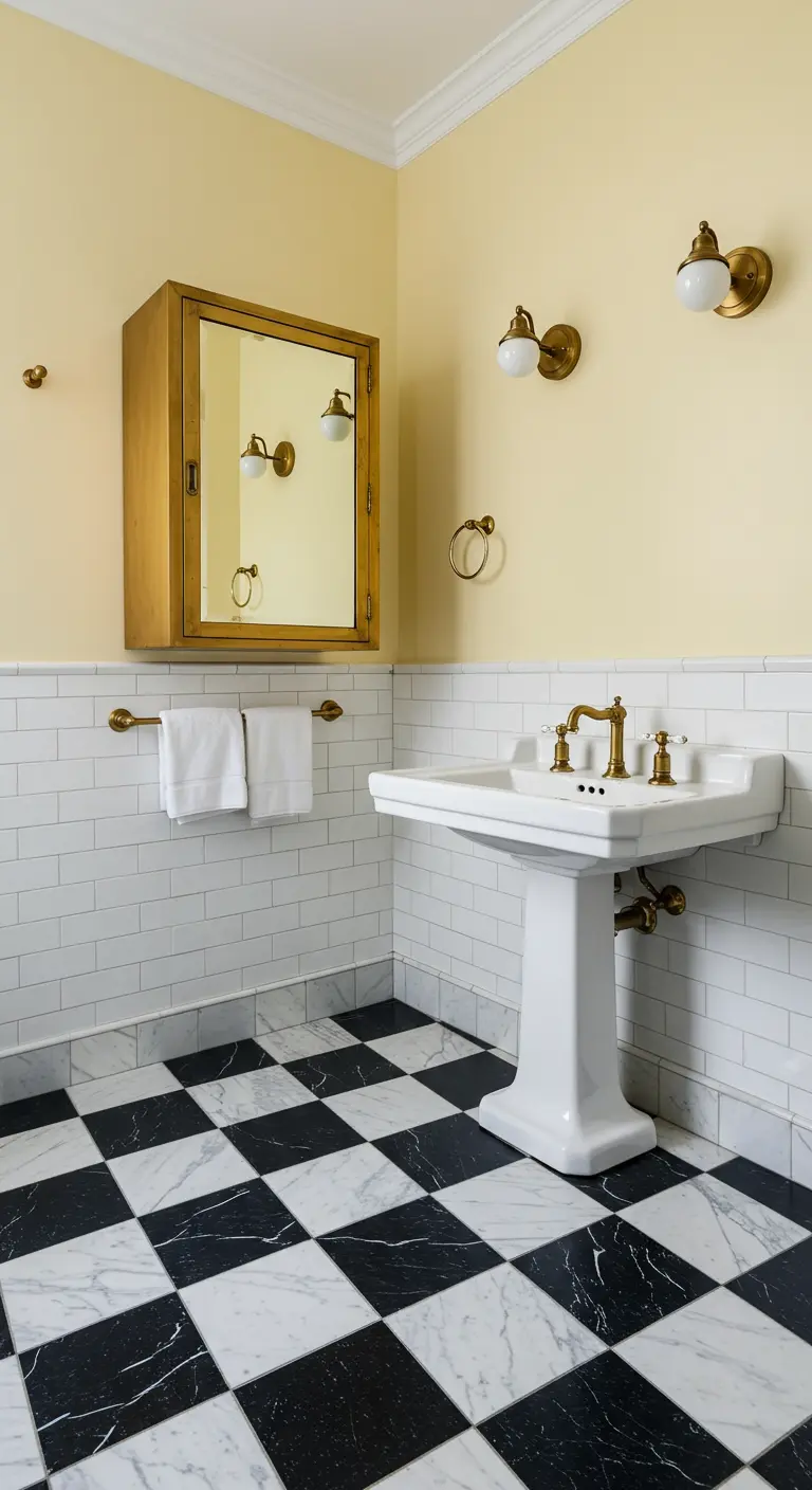 Badkamer met zwart-wit marmeren dambordvloer, witte metrotegels en messing details.