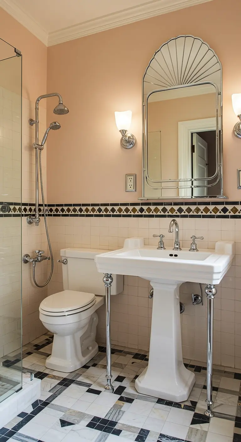 Retro badkamer met roze tegels, zwarte accentrand en Art Deco spiegel.