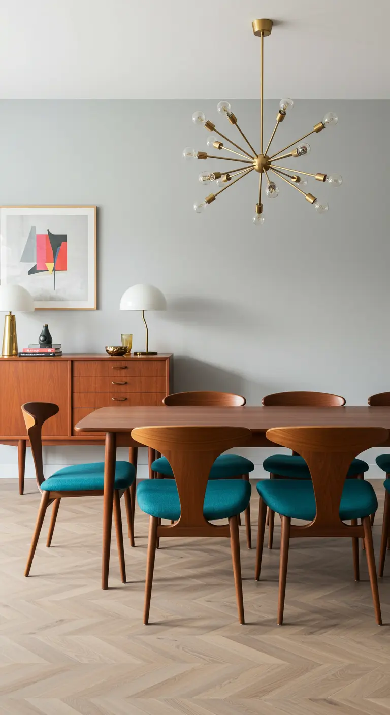 Mid-century eetkamer met houten stoelen met petrol zittingen en gouden sputnik lamp.