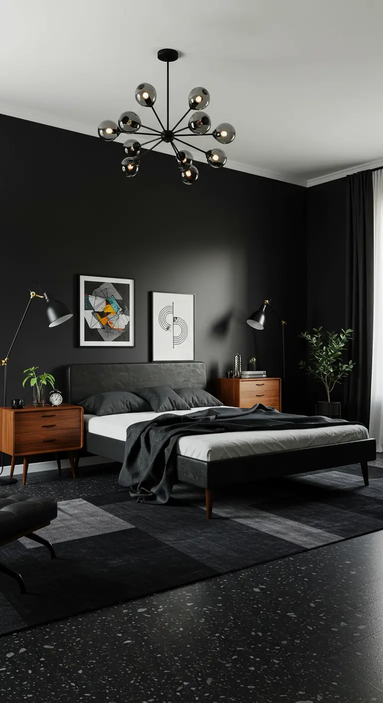 Zwarte slaapkamer in retro stijl met houten nachtkastjes, een sputnik lamp en grafische kunst.