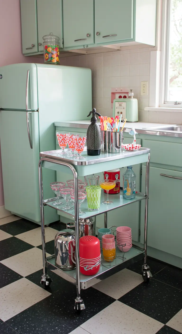 Mintgroene retro keukentrolley met chromen details, gevuld met kleurrijk glaswerk en vintage baraccessoires.