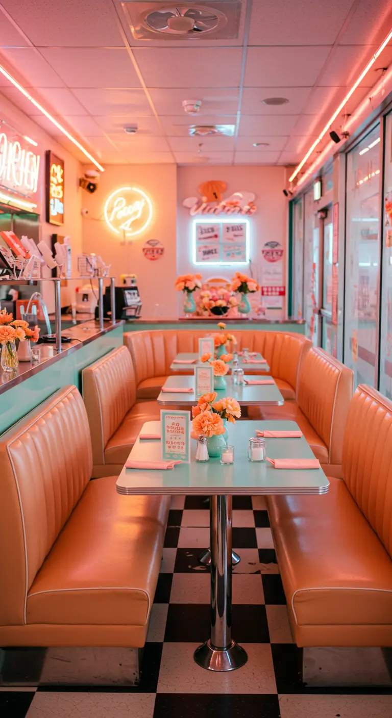 Retro diner setting met perzikkleurige banken en mintgroene accenten voor een bruiloft.