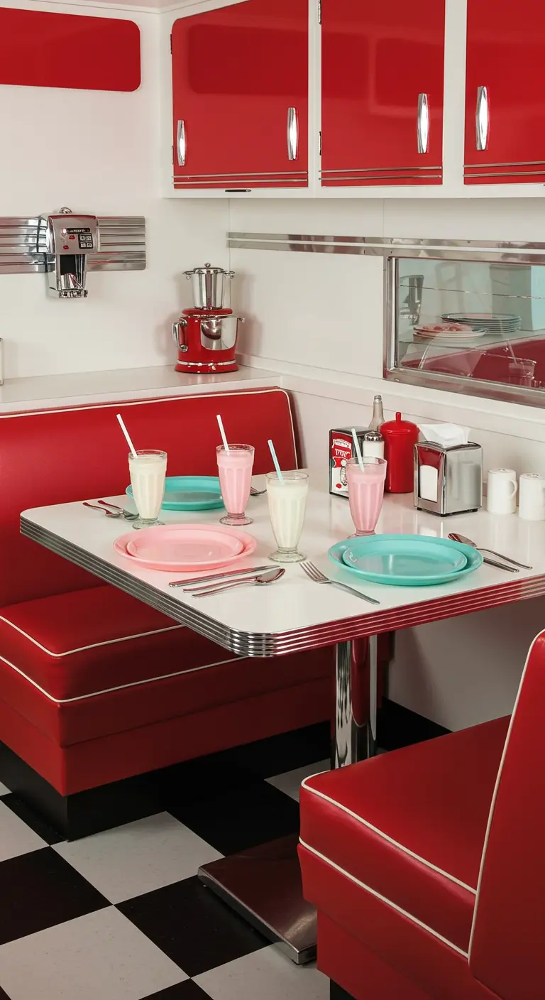 Retro diner setting met pastelkleurig servies en rode booth.