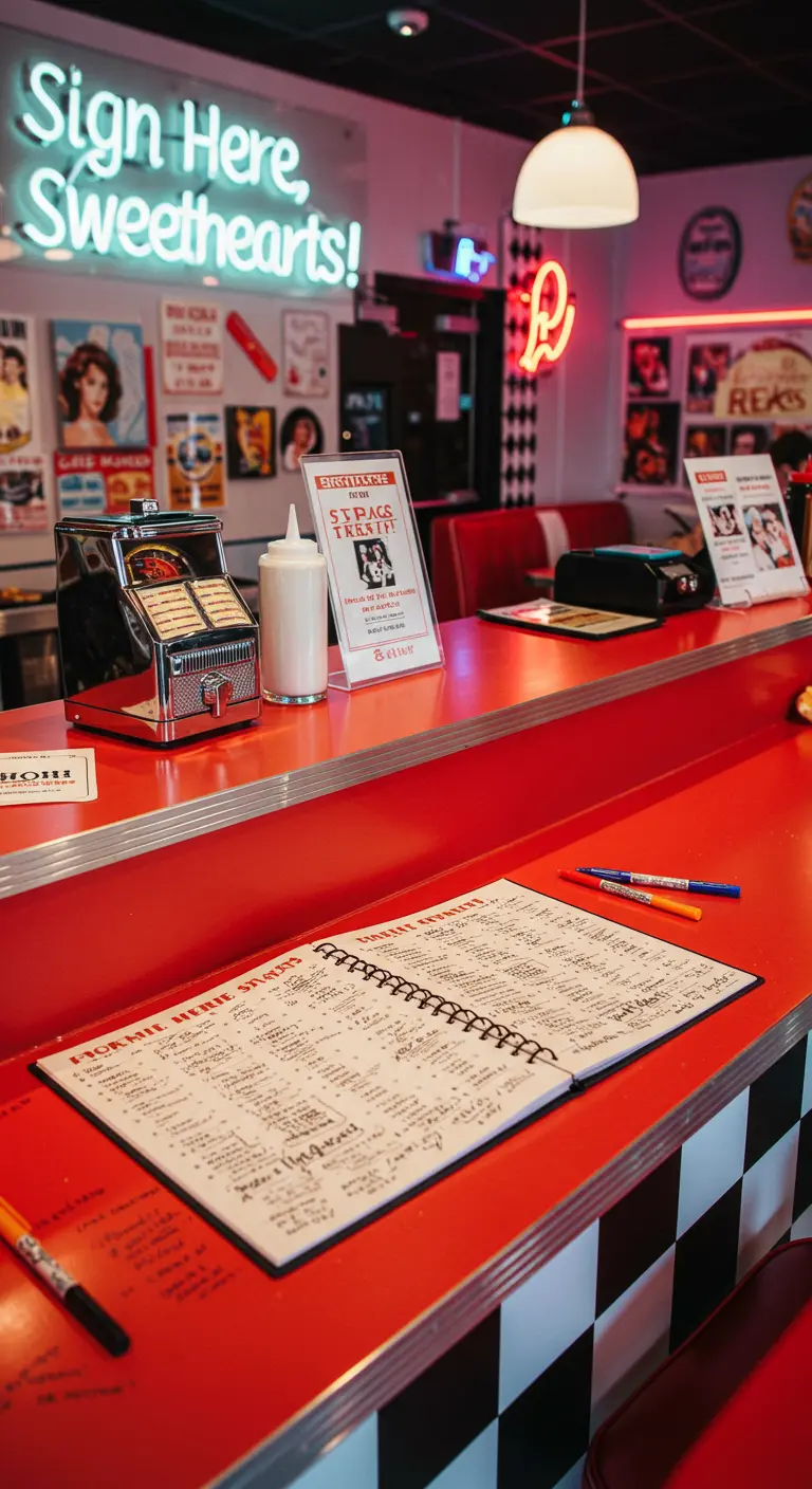 Retro diner gastenboekhoek met rode bar, neon sign en jukebox.