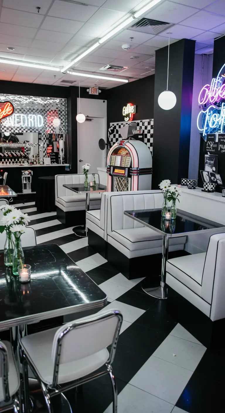 Retro diner setting in zwart-wit met geblokte vloer en neonverlichting.