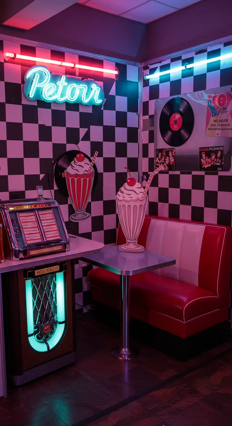 Retro diner photobooth met geblokte muur, neonreclame, rode bank en jukebox.