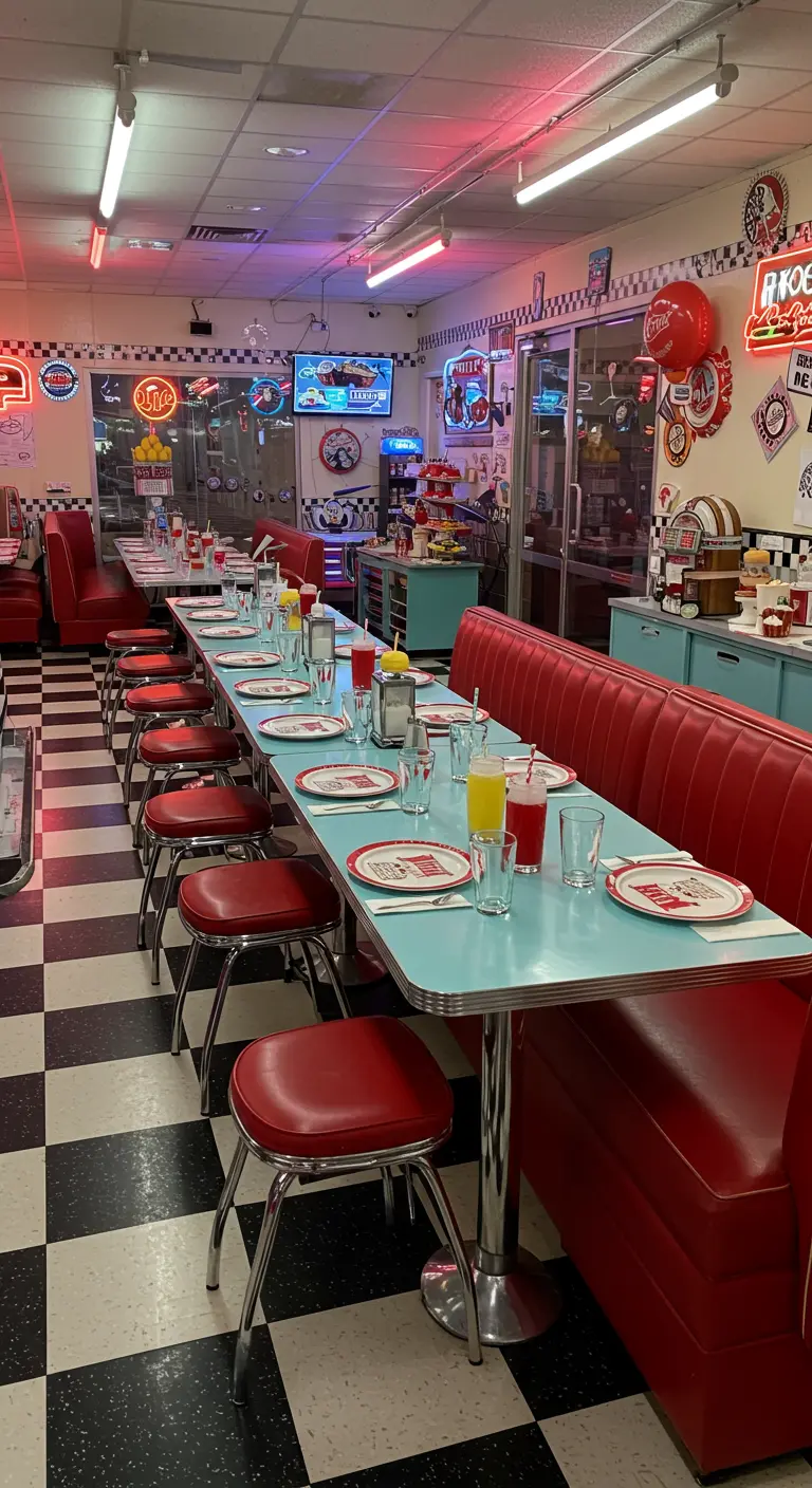 Retro diner met rode banken, blauwe tafels, zwart-wit geblokte vloer en vintage borden.