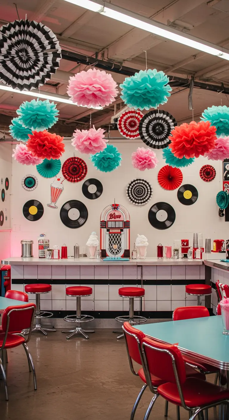 Jaren '50 diner setting met kleurrijke papieren pompons, waaiers en LP-decoraties.