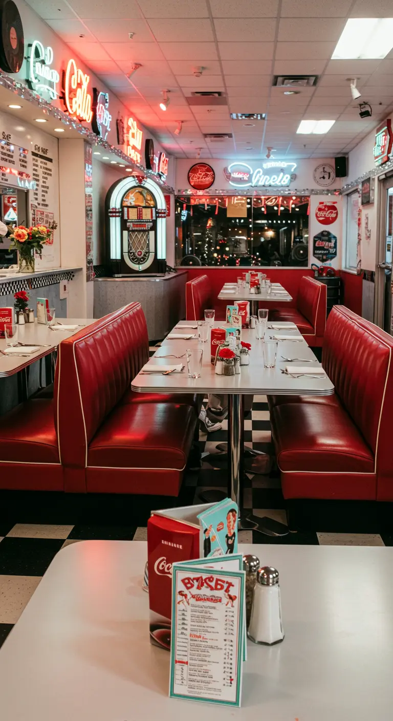 Bruiloftsreceptie in een retro Amerikaanse diner met rode banken en neonverlichting.