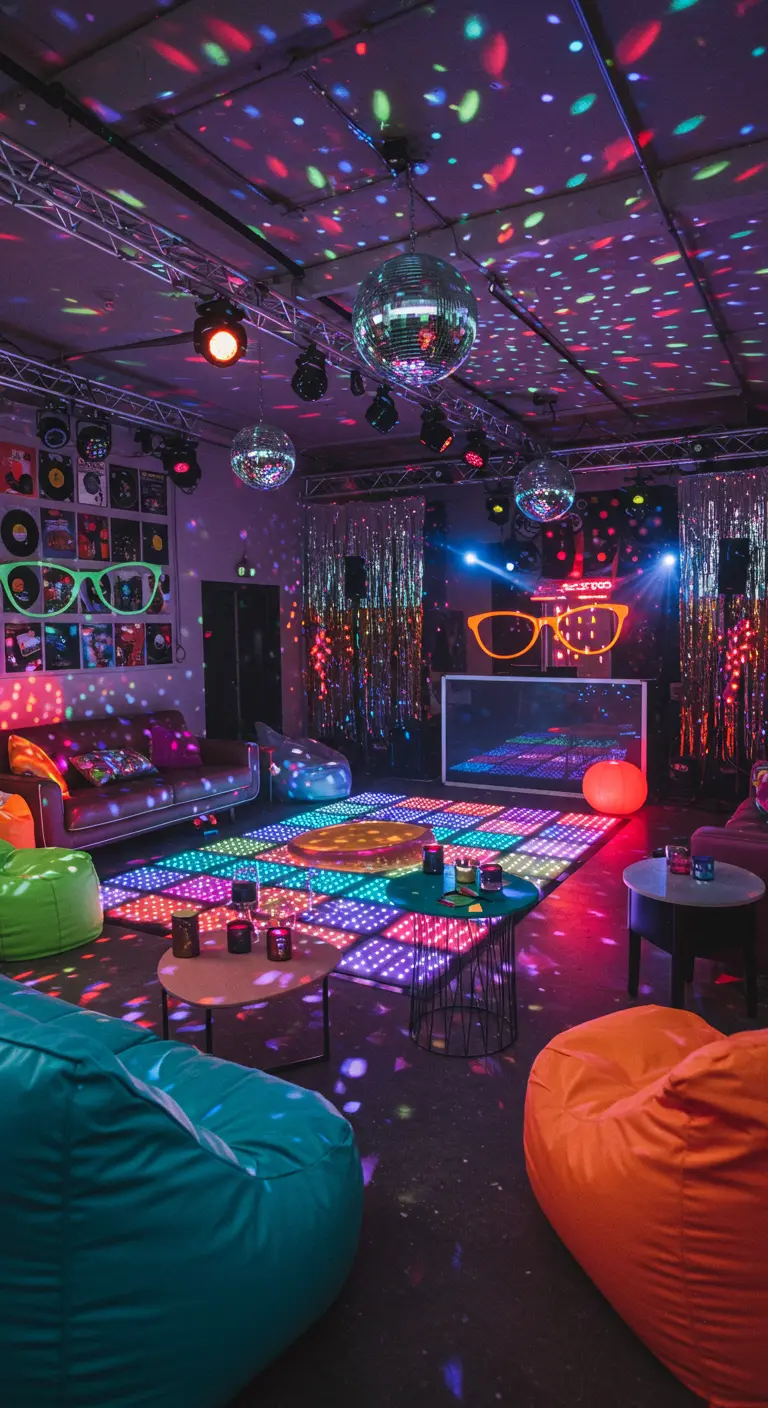 Disco feestruimte met kleurrijke lichtprojecties, discoballen en zitzakken.