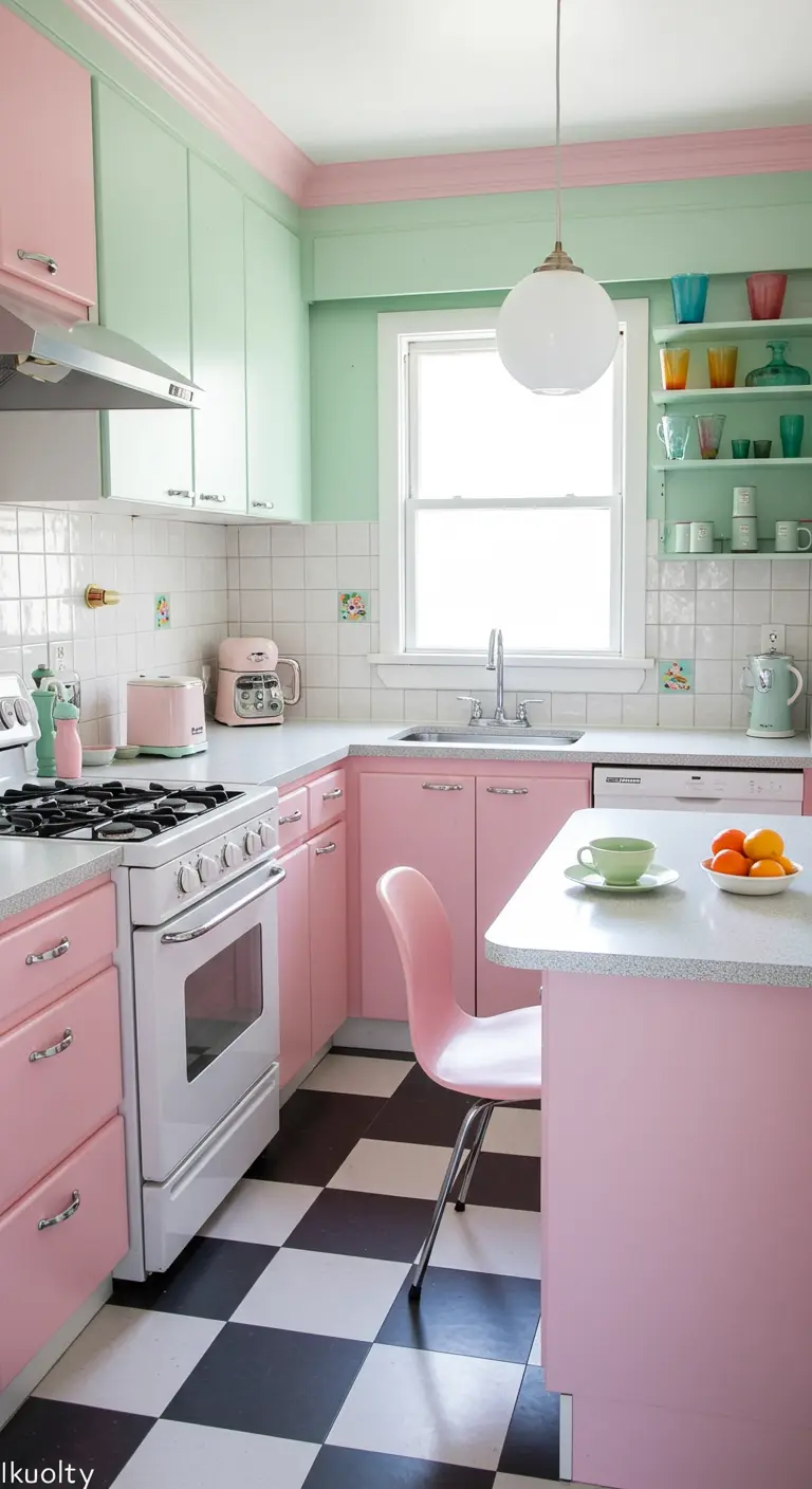 Retro keuken met roze onderkasten, mintgroene bovenkasten en zwart-wit geblokte vloer.