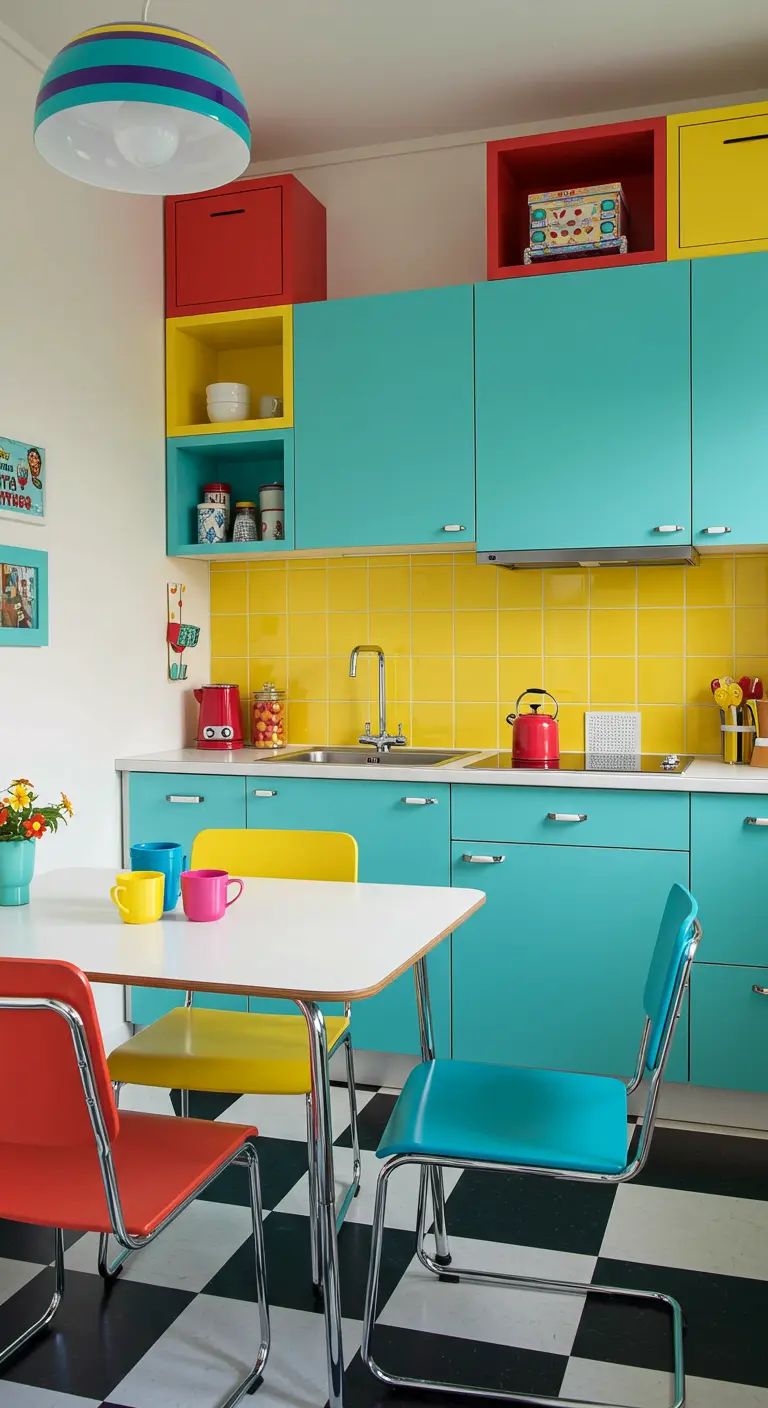 Kleurrijke retro keuken met turquoise en gele kasten, gele tegels en een vrolijke eethoek.