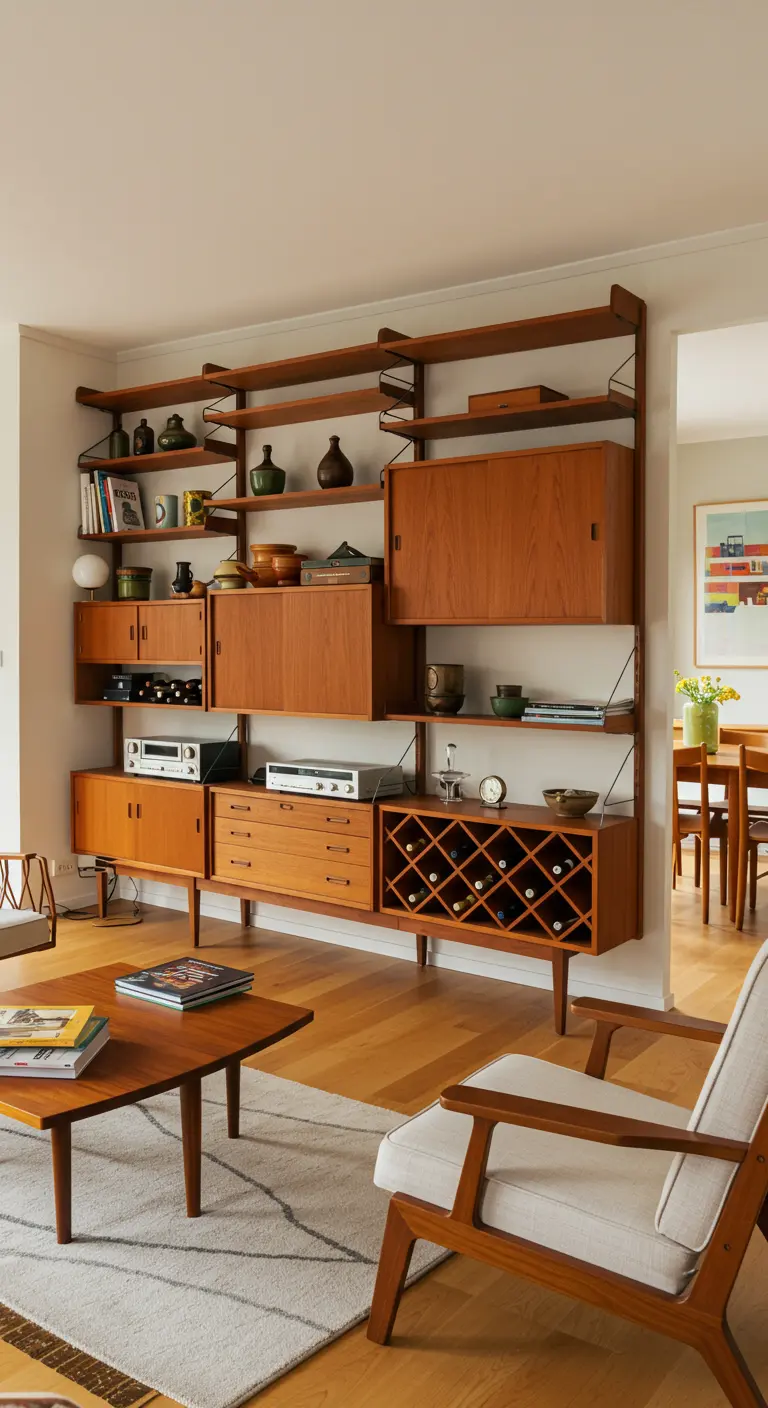 Mid-century modern houten wandmeubel met boeken, decoratie en een geïntegreerd wijnrek.