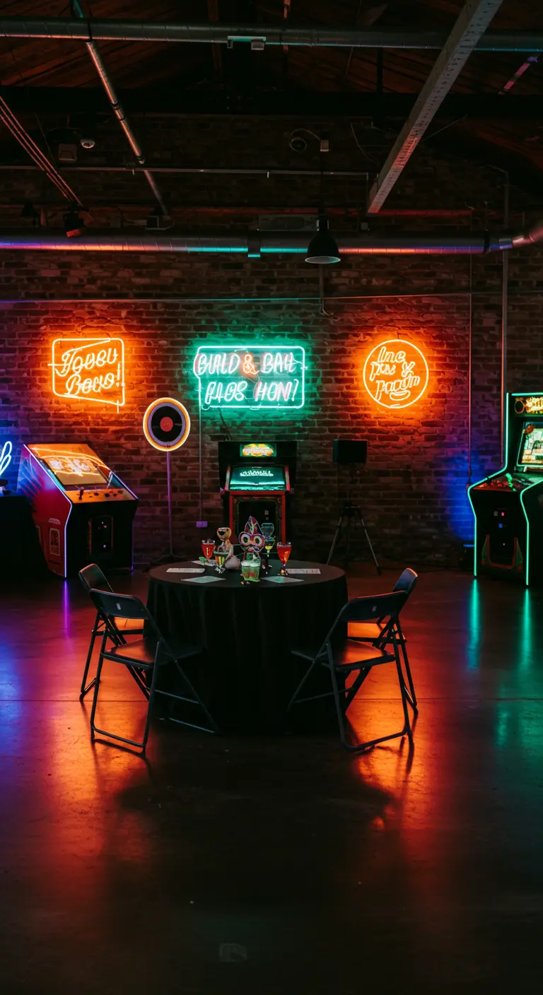 Donkere industriële ruimte met neon signs en arcadekasten voor een retro bruiloftsthema.