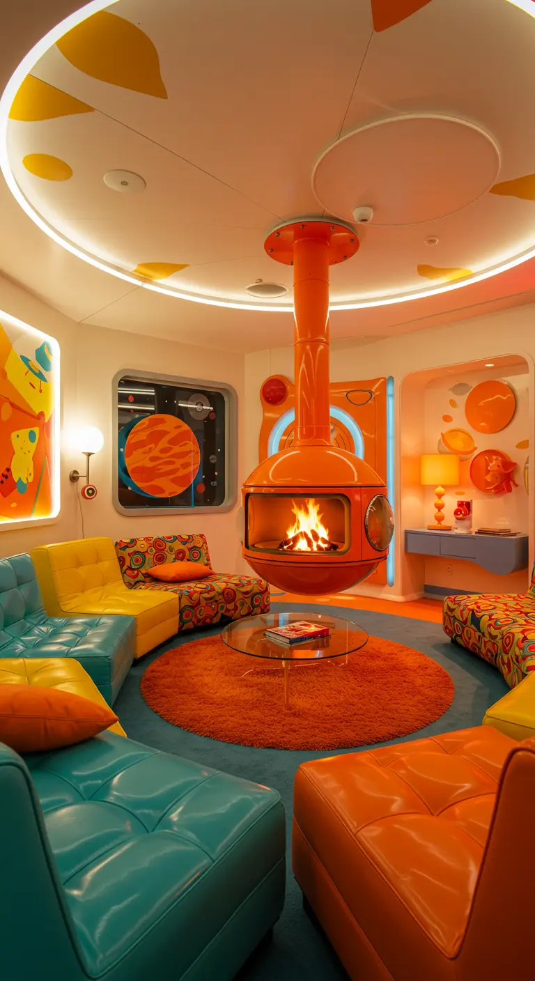 Retro futuristische woonkamer met oranje ronde hanghaard en kleurrijk meubilair.