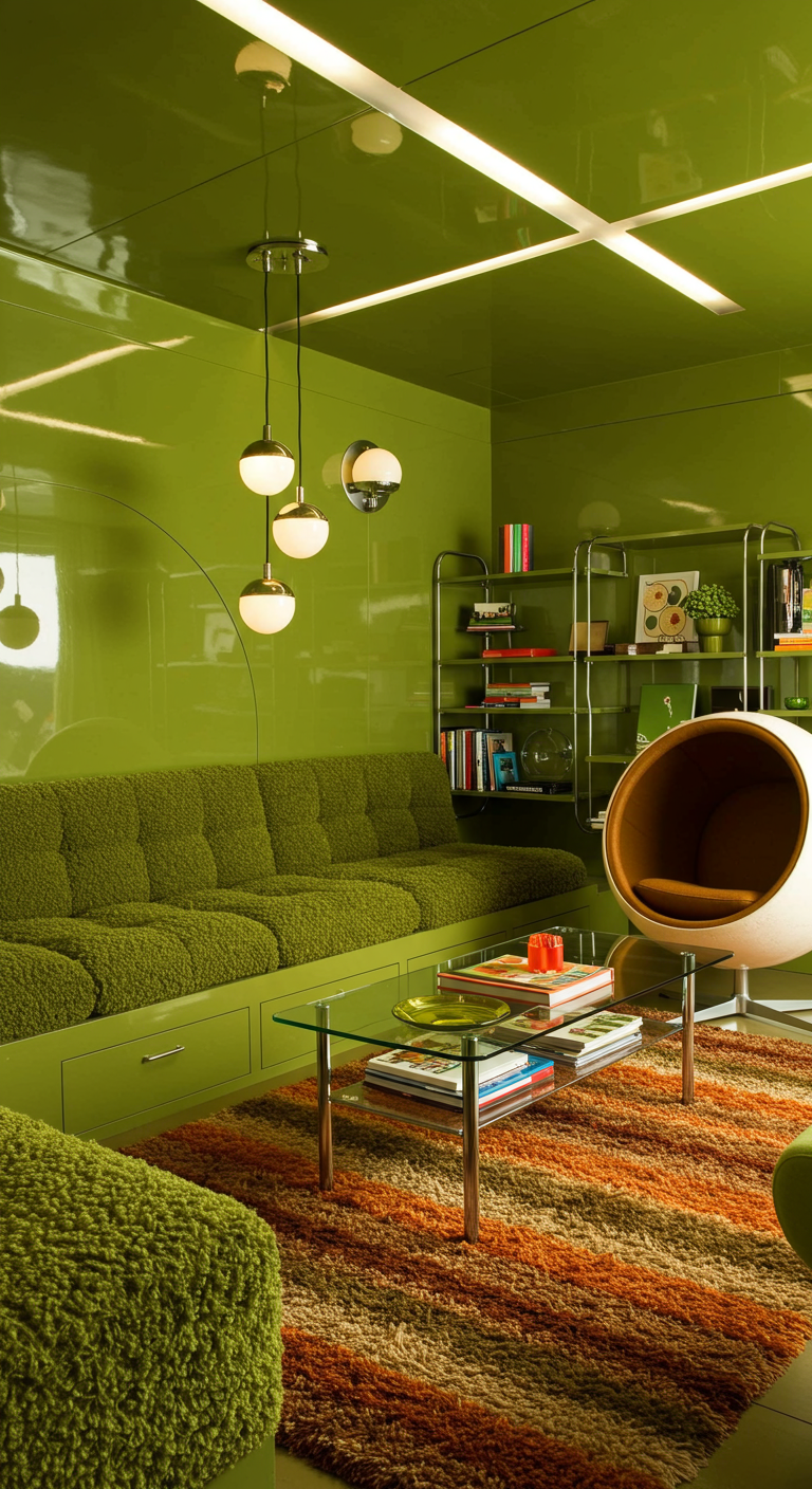 Retro woonkamer met glanzend olijfgroene muren en organische meubels.