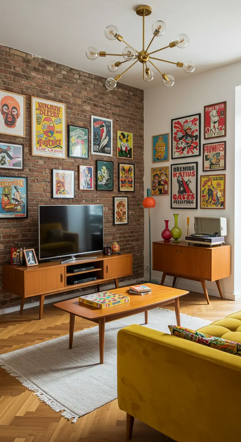 Retro TV-hoek met bakstenen muur, gallery wall en mid-century meubels.