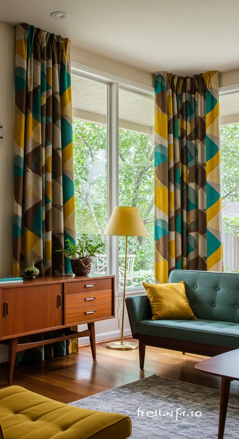 Gordijnen met een geometrisch patroon in geel, groen en bruin in een mid-century interieur.