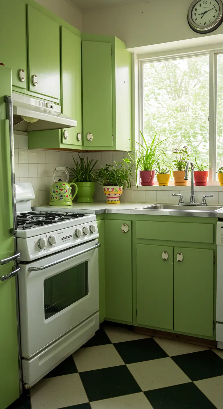Appelgroene retro keuken met zwart-witte tegelvloer en kleurrijke plantenpotten.