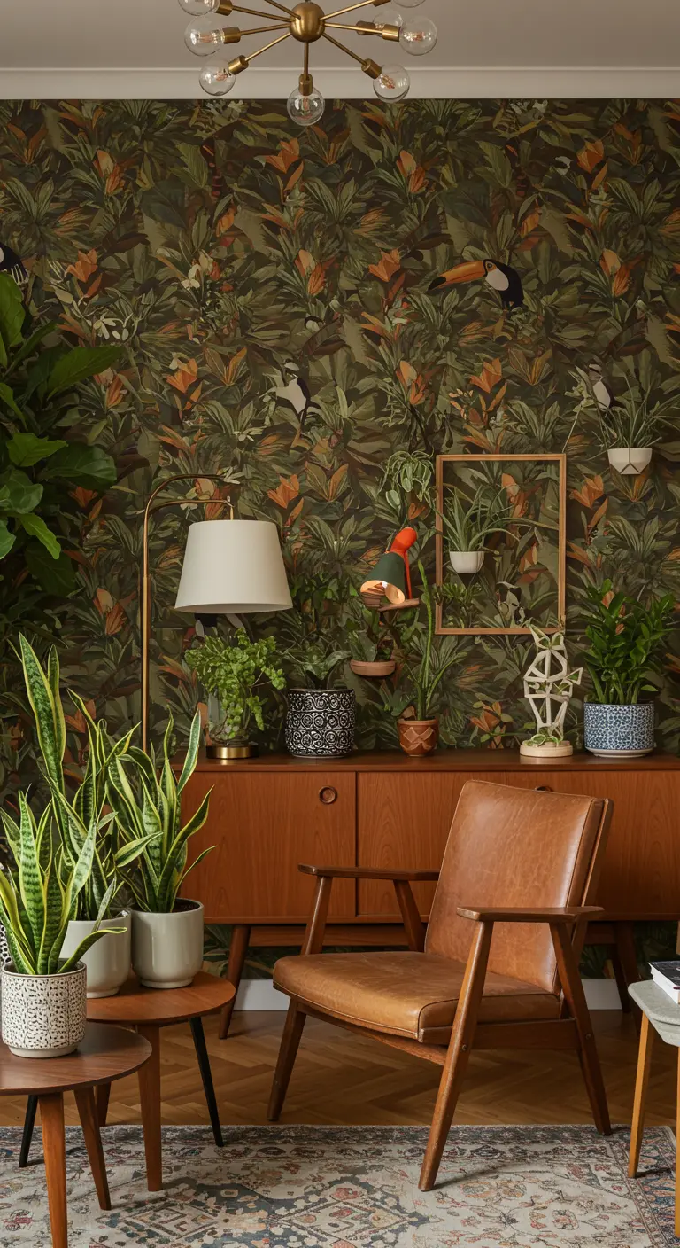 Retro woonkamer met jungle-behang, vintage meubels en veel groene planten.