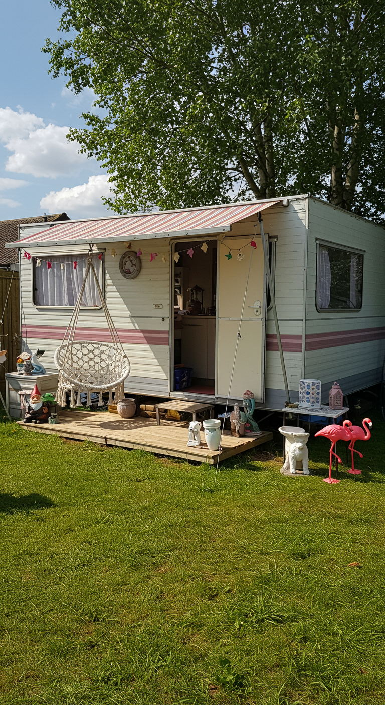 Oude caravan met luifel, macramé hangstoel op vlonder en kitsch decoratie.