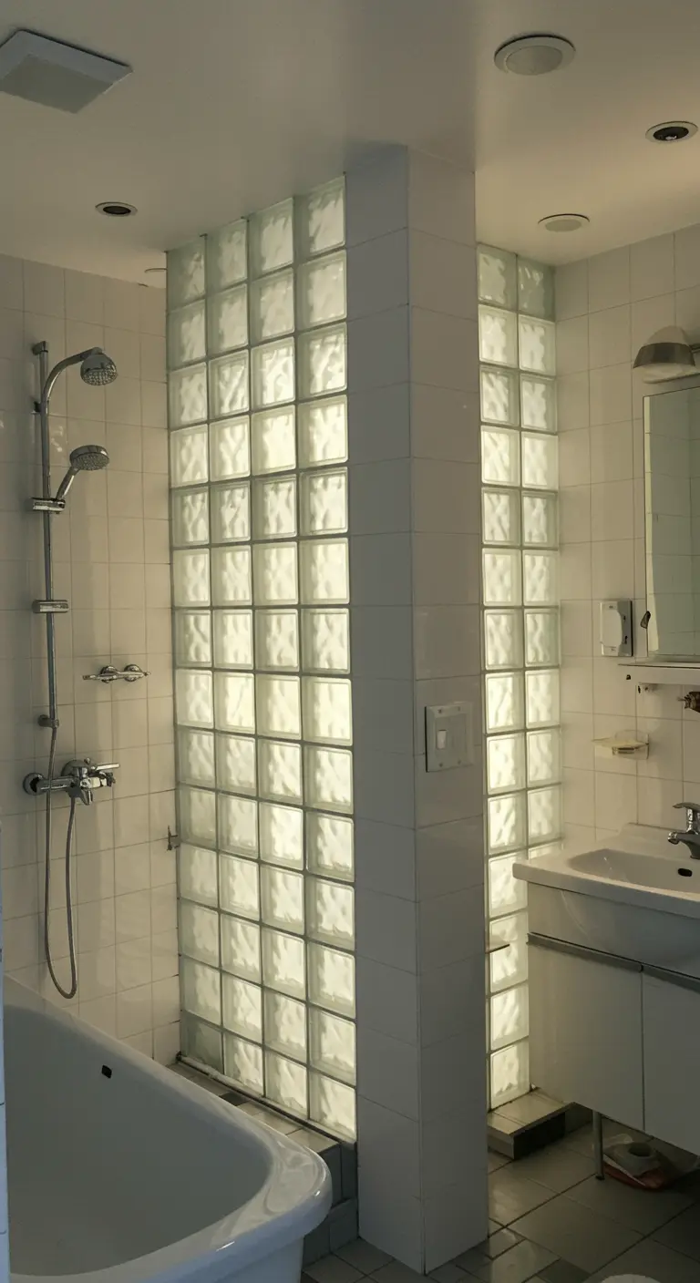 Badkamer met een wand van glazen bouwstenen die licht doorlaat.
