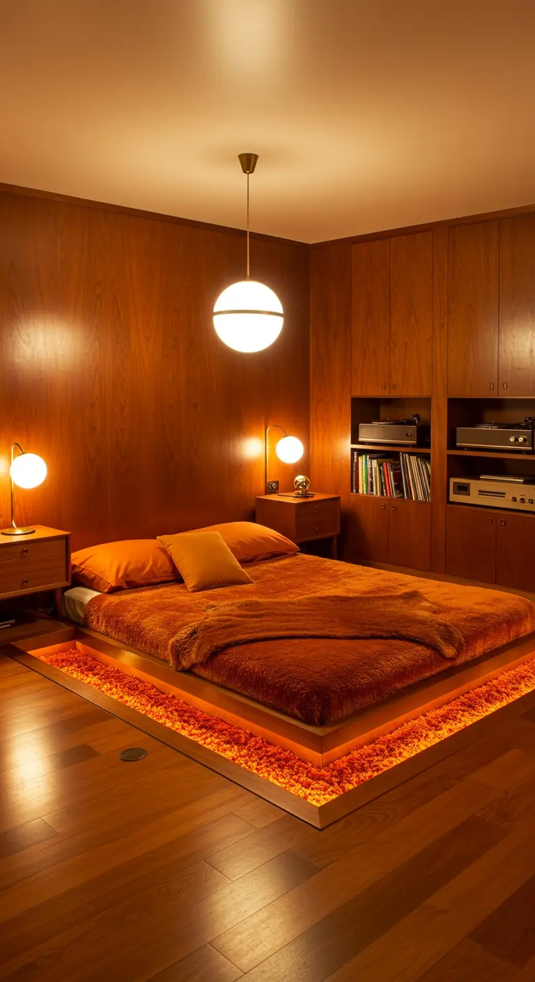 Retro slaapkamer met een verlaagd bed met oranje beddengoed en sfeerverlichting eronder, houten lambrisering.