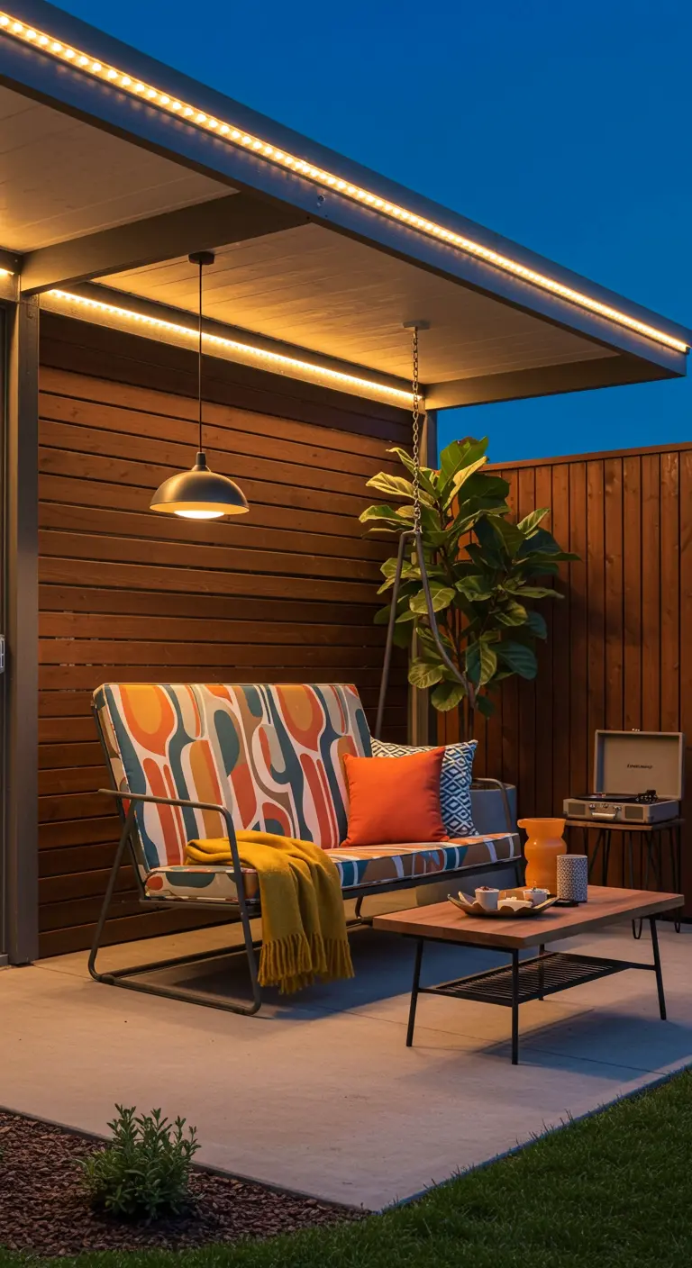 Retro schommelbank met oranje en blauwe grafische kussens onder een strakke overkapping met LED-verlichting en een hanglamp, met vintage platenspeler.
