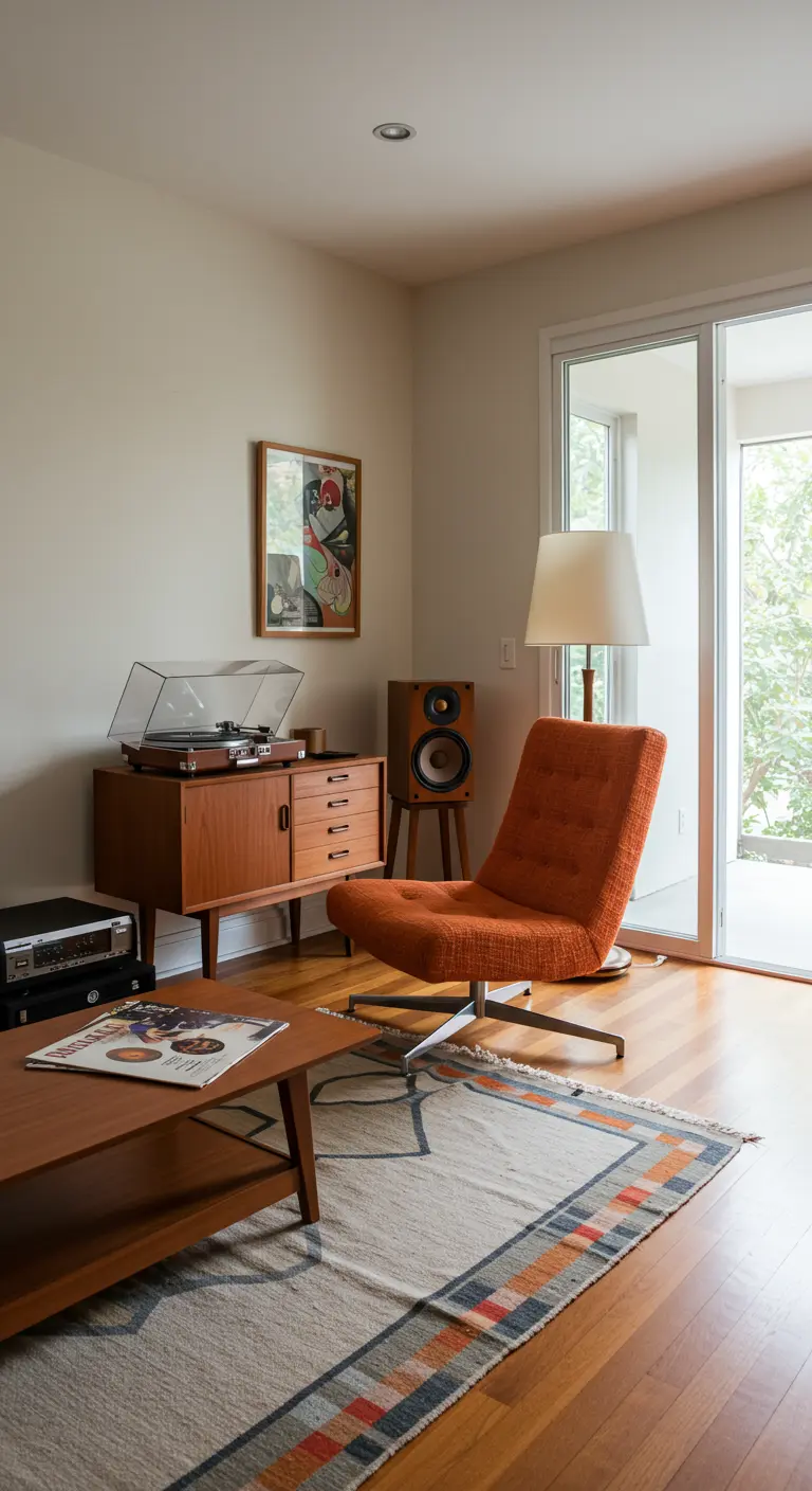 Mid-century modern hoek met houten dressoir, platenspeler, oranje fauteuil en grafisch kleed.