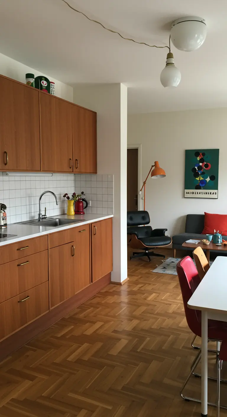 Retro open keuken met houten kastjes en doorkijk naar woonkamer met designstoel.