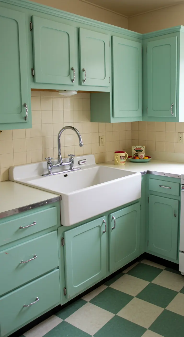 Retro keuken met mintgroene kastjes, witte boerderijspoelbak en geblokte tegelvloer.