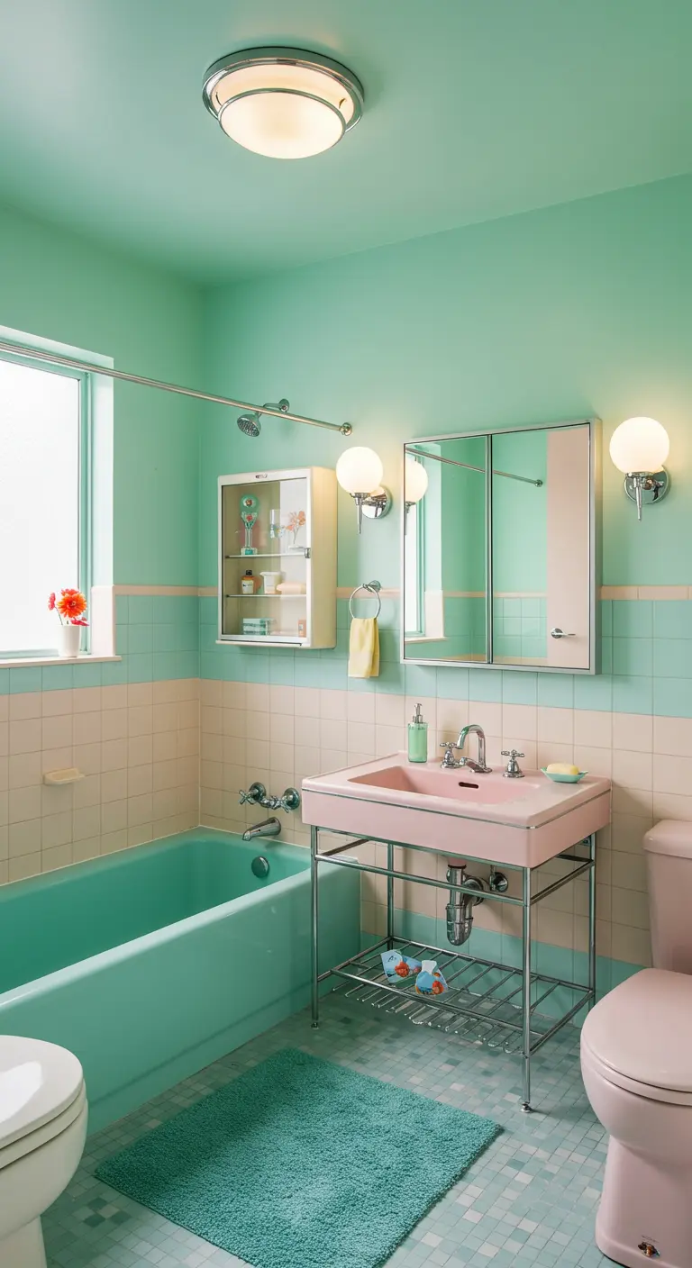 Retro badkamer met mintgroen plafond en muren, roze wastafel.