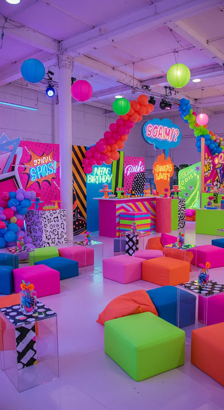 Jaren '80 neon themafeest met felle kleuren, kubussen en ballonnen.