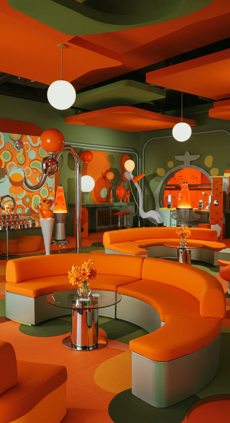 Retro feestruimte met oranje ronde banken, groene accenten en bolvormige lampen.