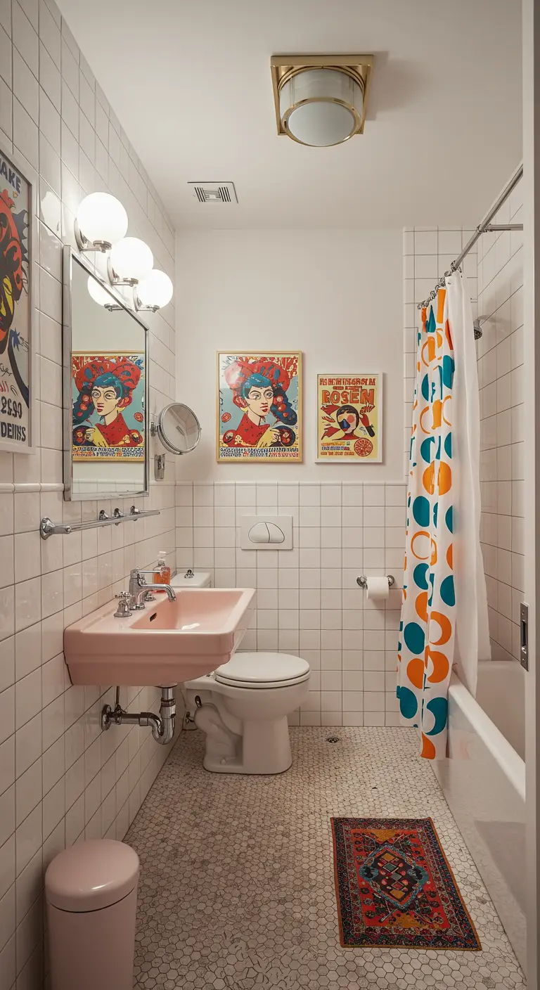 Retro badkamer met roze wasbak, kleurrijk douchegordijn en pop art posters.