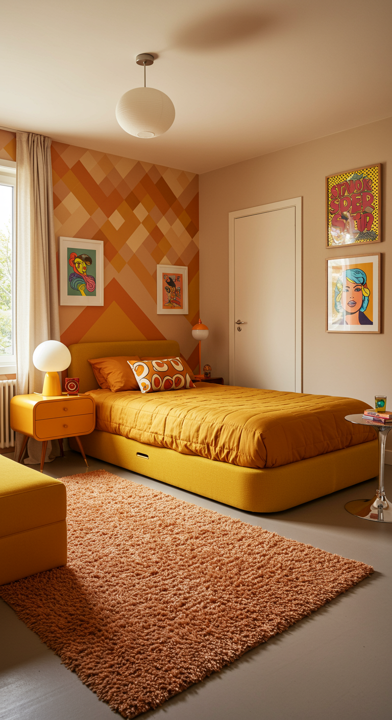 Retro slaapkamer met oranje bed, grafisch behang, pop-art en hoogpolig tapijt.
