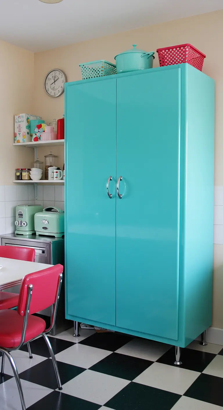 Retro turquoise metalen voorraadkast in locker-stijl, in een keuken met geblokte vloer.