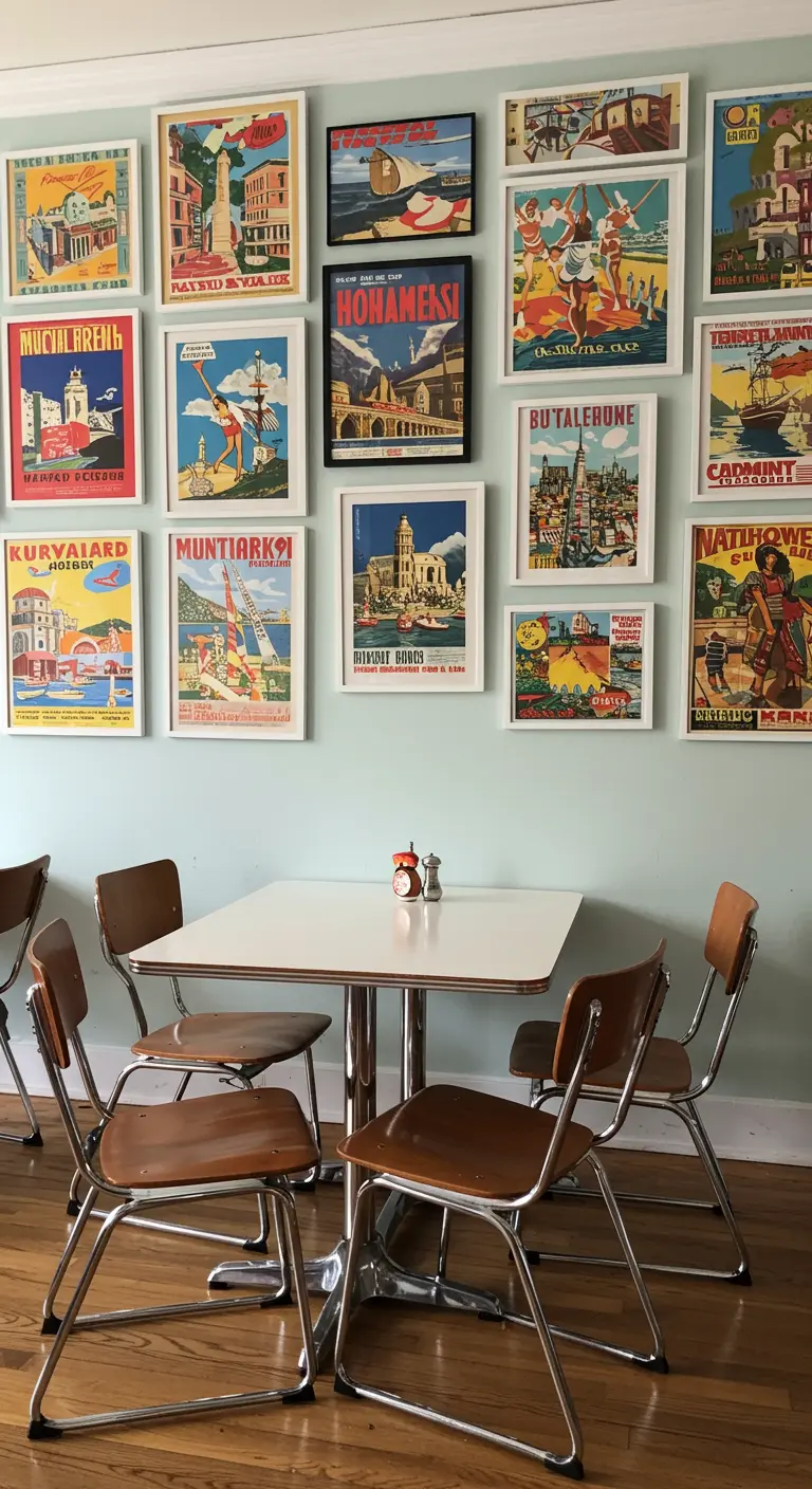 Retro eethoek met een mintgroene muur en een gallery wall vol vintage reisposters.