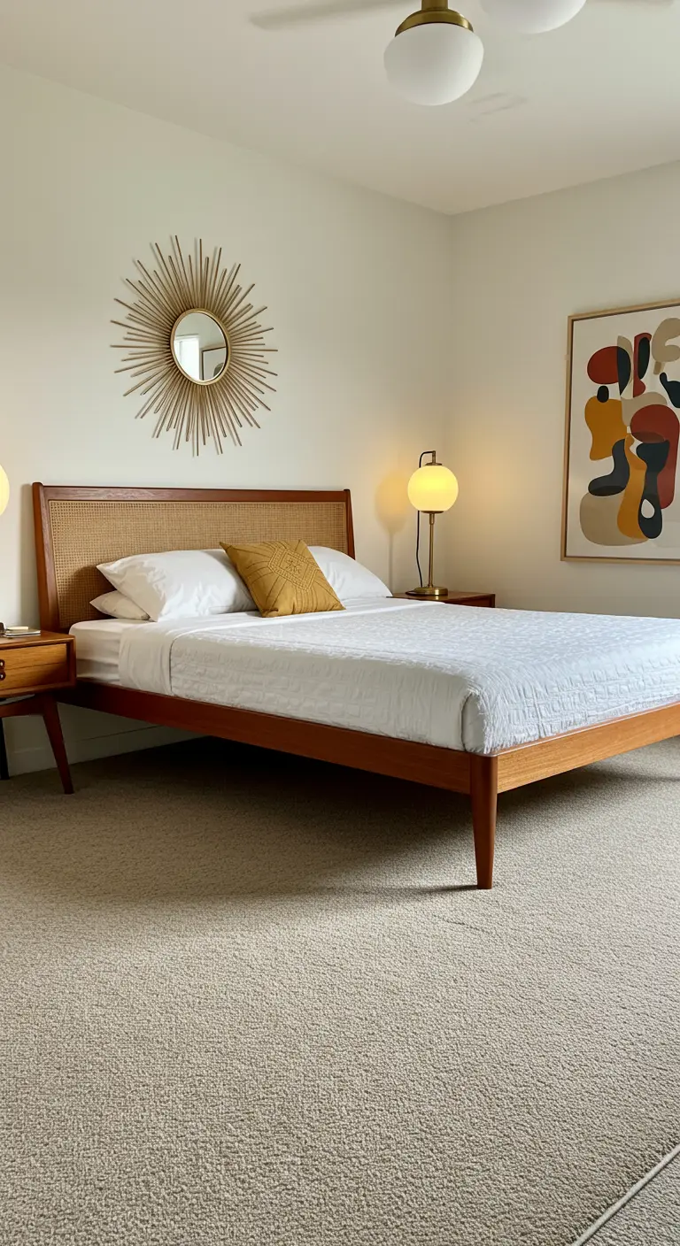 Mid-century modern houten bedframe met rotan hoofdbord en retro spiegel.