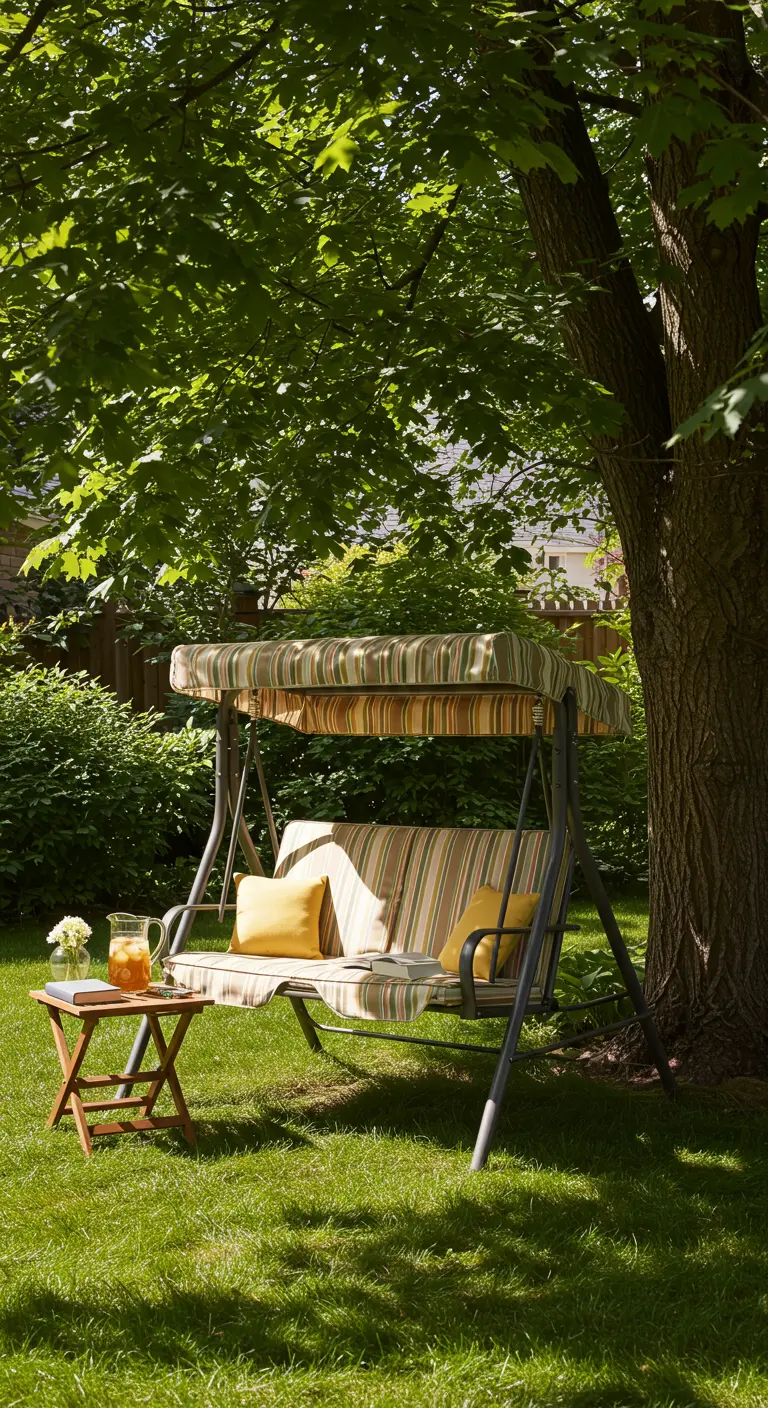 Metalen schommelbank met gestreept afdak en kussens, in een zonnige tuin met een tafeltje.