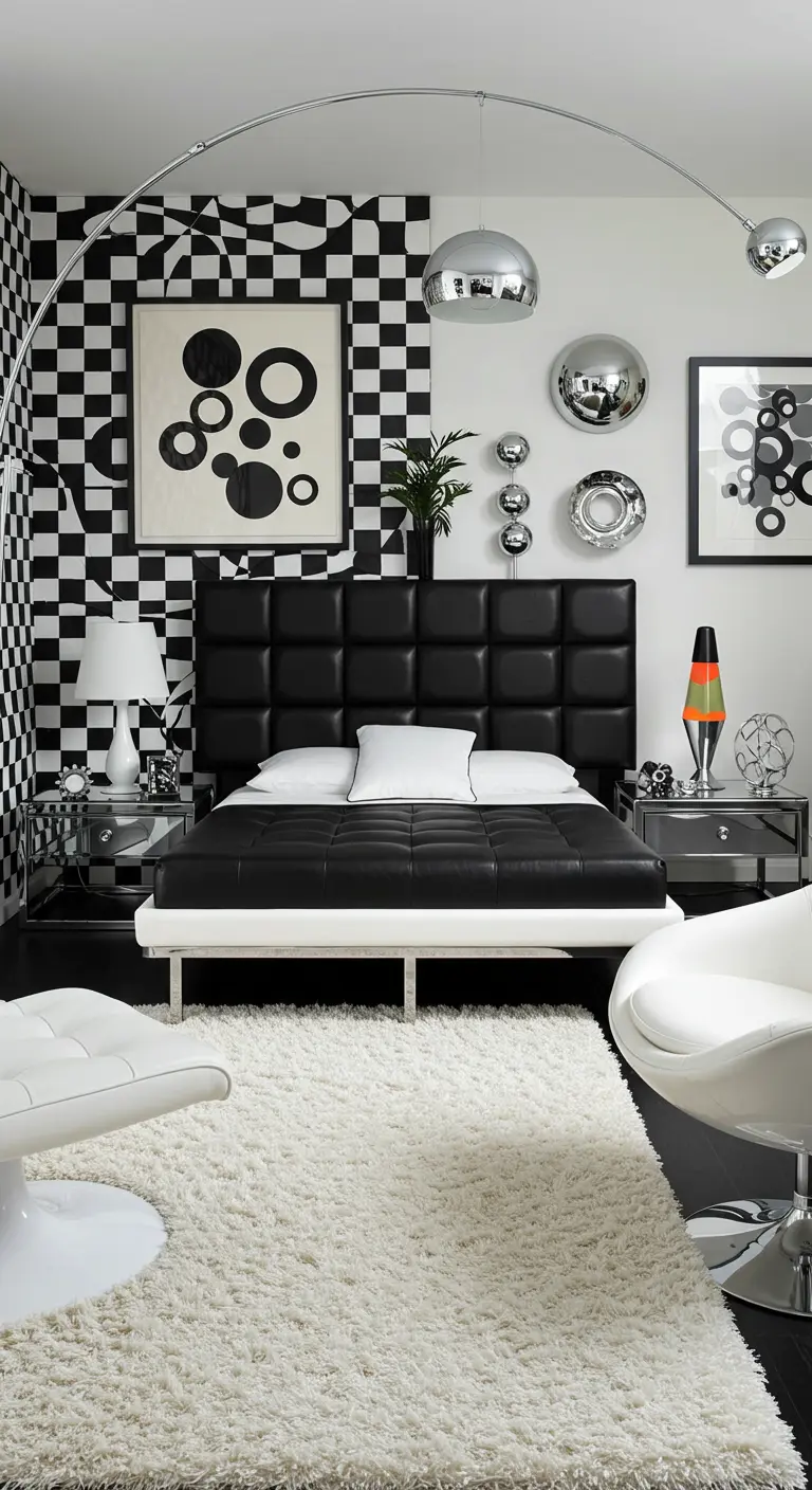 Retro slaapkamer met zwart-wit geblokte muur, rond bed en chromen accenten.