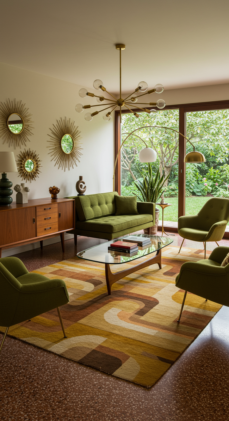 Mid-century modern woonkamer met een grafisch vloerkleed in geel en bruin.