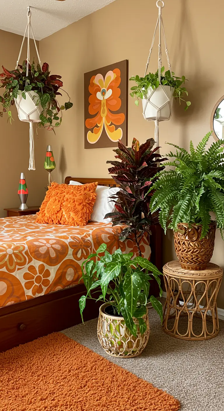 Slaapkamer in retro jaren '70 stijl met veel planten in macramé hangers en oranje accenten.