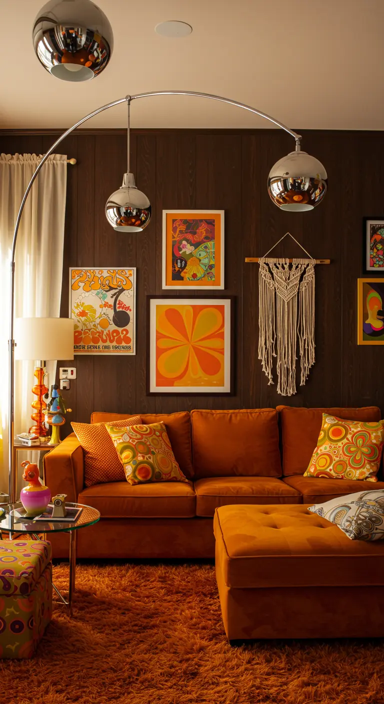 Jaren '70 retro woonkamer met oranje bank, shaggy tapijt en macramé.