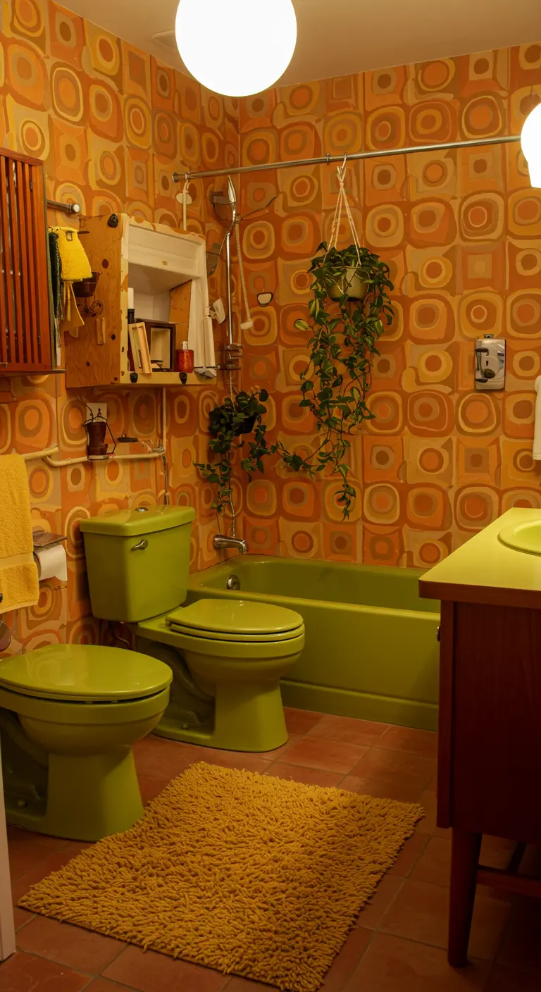 Retro badkamer met avocadogroen toilet en bidet, en oranje geometrisch behang.