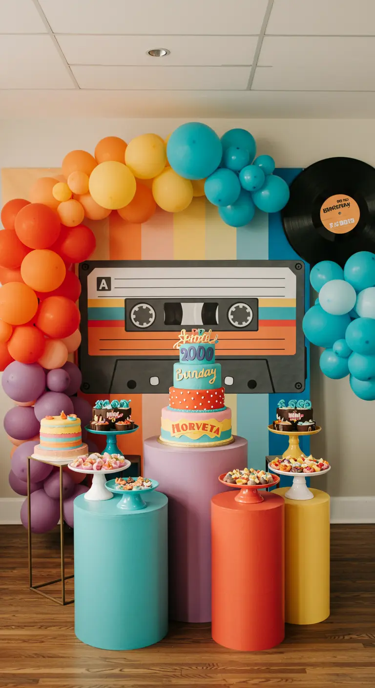 Retro jaren '90 backdrop met cassettebandje, regenboogkleuren, ballonnen en gekleurde pilaren.