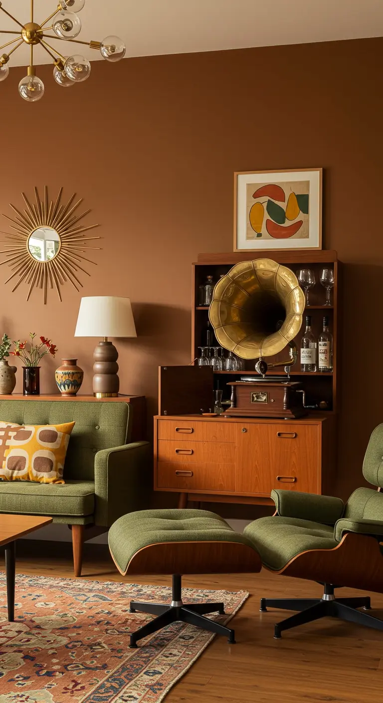 Retro dressoir met platenspeler, spiegel en groene fauteuils.
