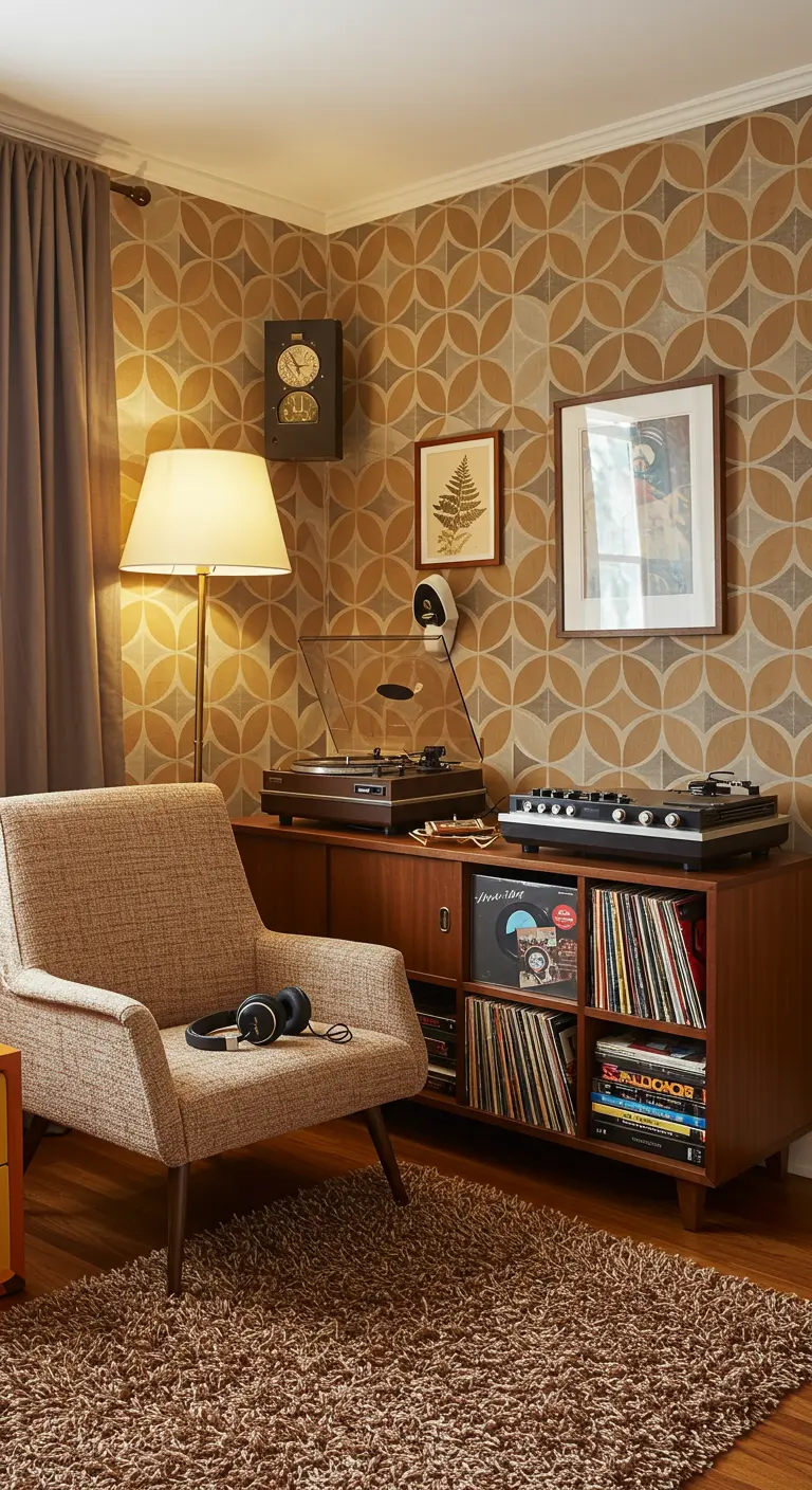 Retro muziekhoek met platenspeler, vinylplaten in een houten kast, en een vintage fauteuil.