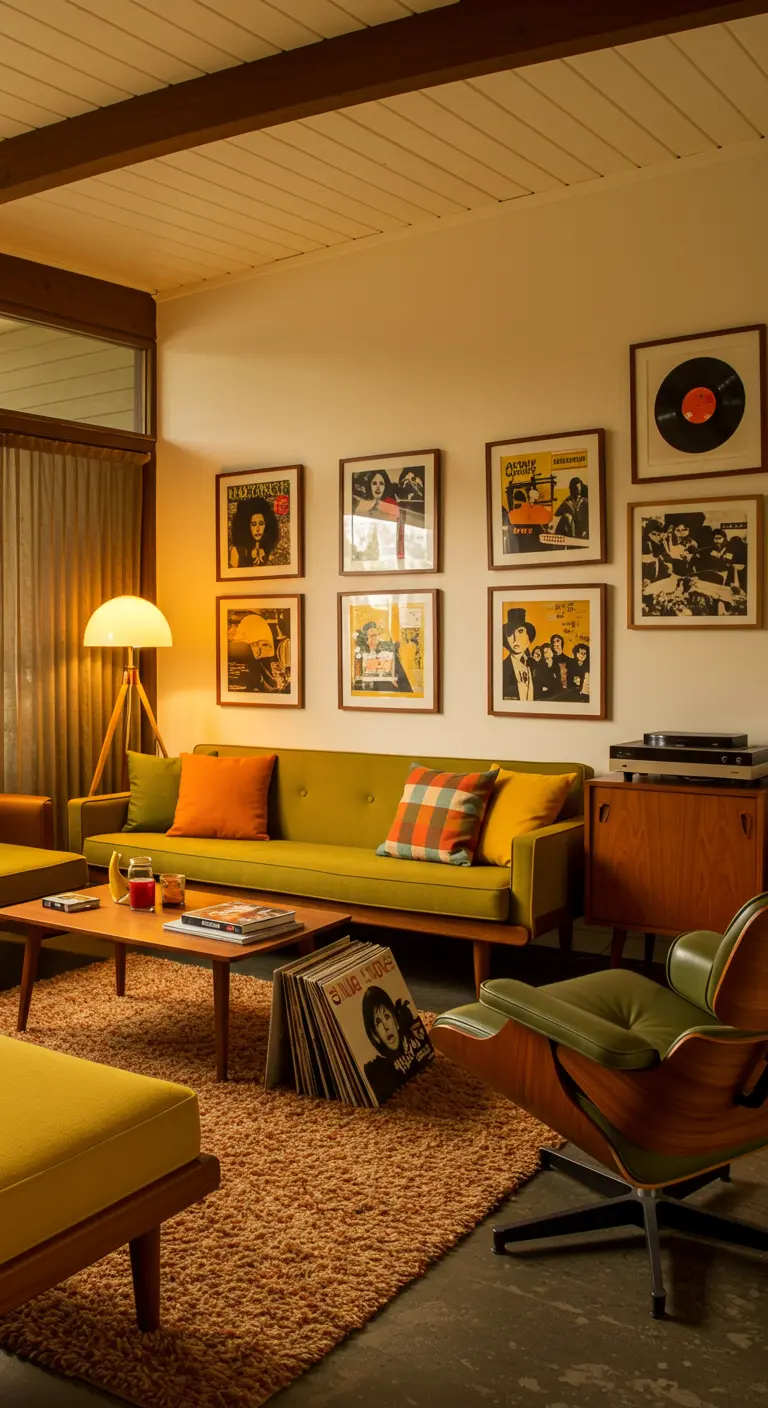 Retro woonkamer met platenspeler, LP's aan de muur en vintage design meubels.